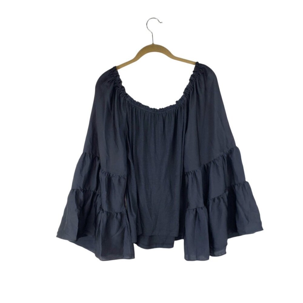 By Anthropologie Gloria Off Shoulder Top Black Tiered Statement Sleeve Size M - Picture 3 of 9